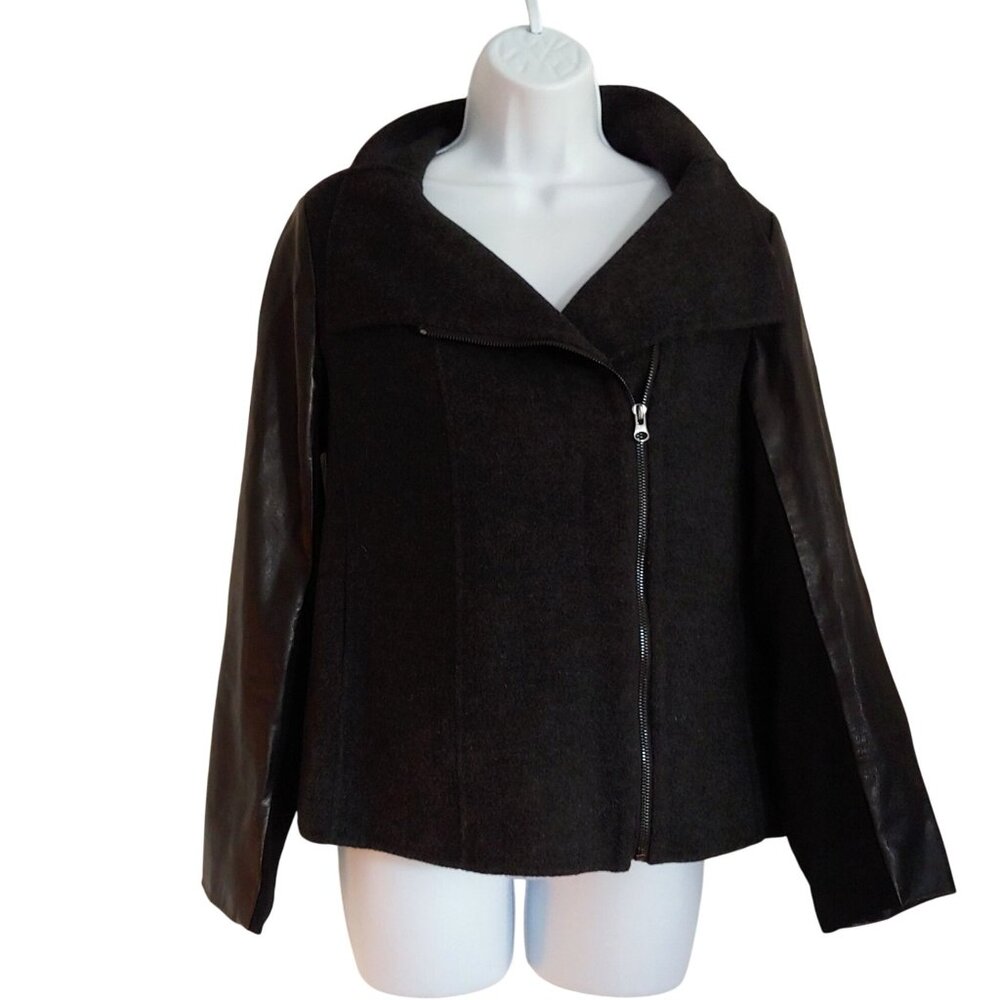VINCE Charcoal Wool & Black Leather Sleeve Offset Zip Front Jacket Size L
